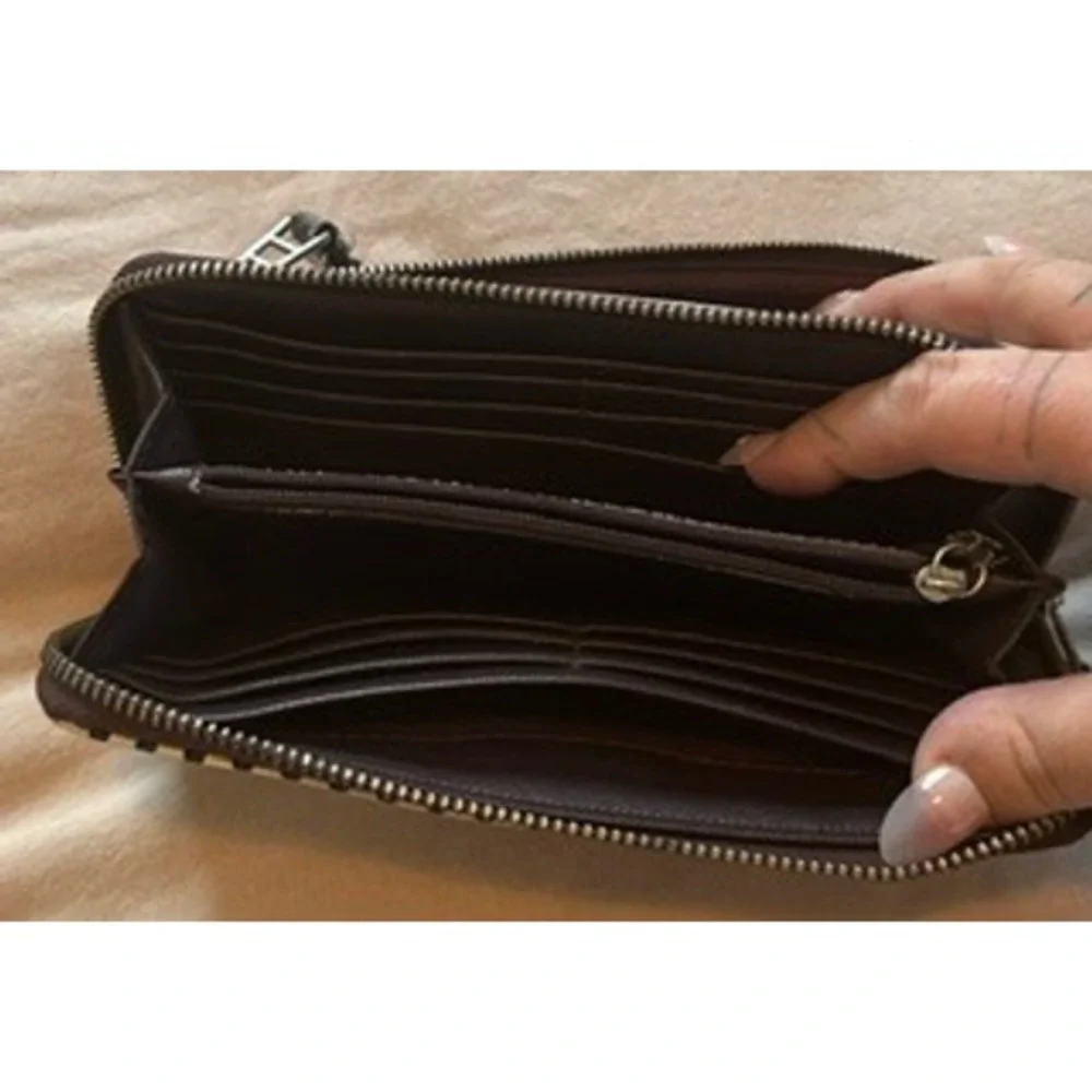 Fossil Black White Polka Dot Zip Around Clutch Wristlet Wallet Gold Logo